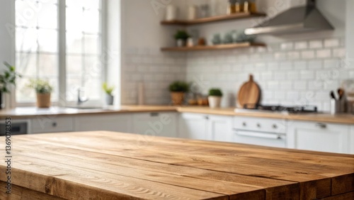 Wood table top on blur kitchen counter room background, for montage product display or design key visual layout, template