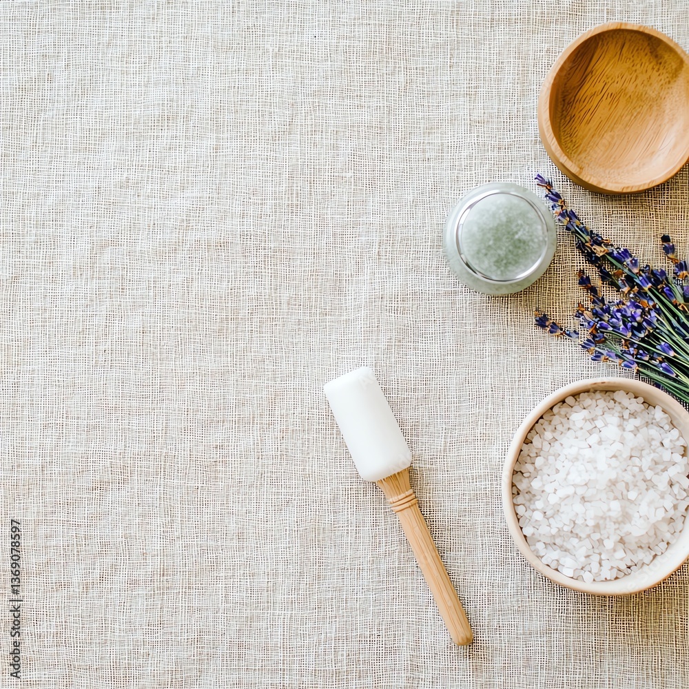 Fototapeta premium flat lay of natural skincare products with lavender, jade roller, and bath salt on soft linen fabric, calming wellness vibe