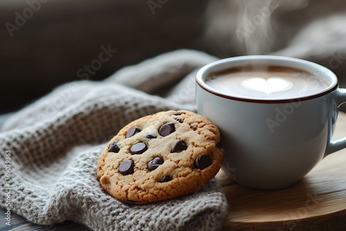 Lovely instant of steaming coffee mug with yummy chocolate chip cookie suited for snug cafe feels  
