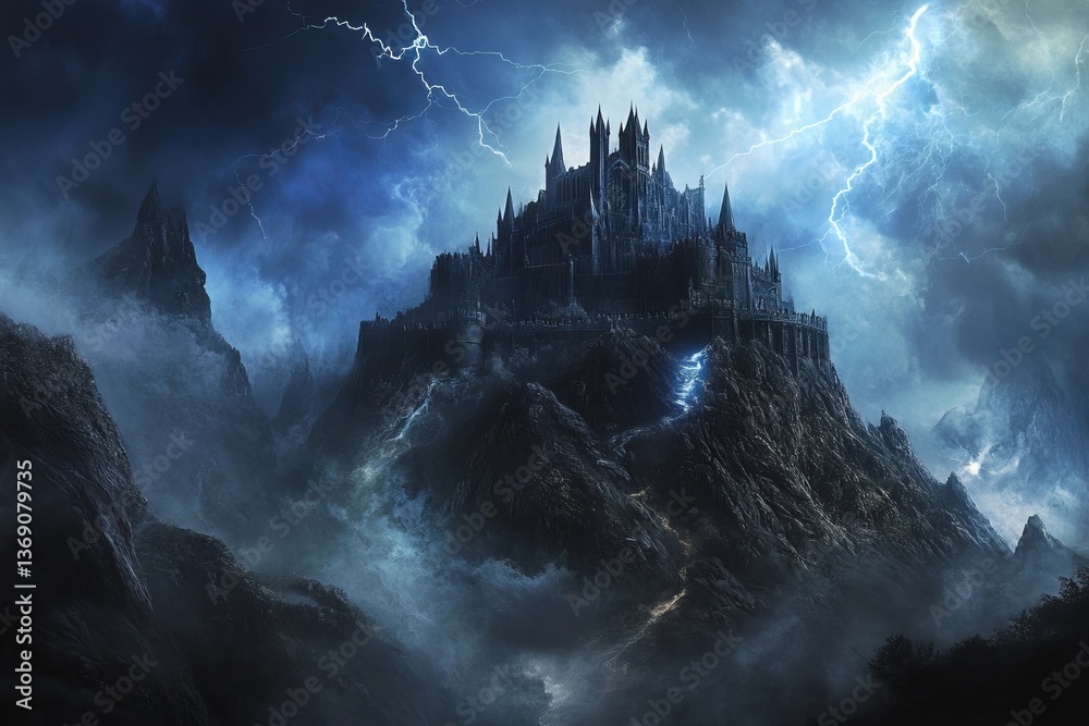 Fototapeta premium Medieval castle on ominous mountain under dark sky with lightning a dark fantasy artwork