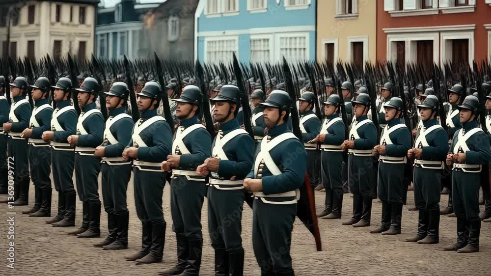 Historic military drill showcasing soldiers in uniform during training in a historical setting amidst a somber atmosphere