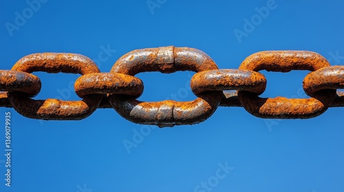 Rusty metal chain links against a clear blue sky, showcasing texture and detail in bright sunlight photo