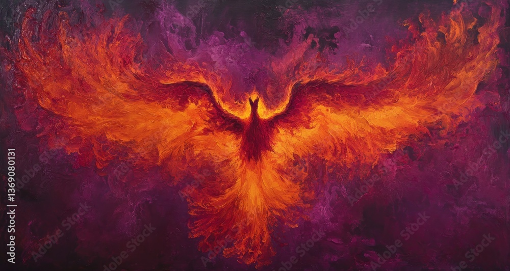 Fototapeta premium A fiery bird with wings outstretched against a dark background