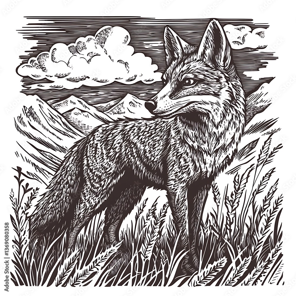 Fototapeta premium Vintage woodcut illustration of a detailed fox in the mountains, surrounded by clouds and grass, in black ink line art on a white background, resembling a linocut or engraving.