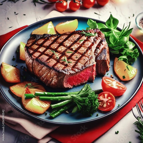 Grilled Steak with tomato and salad on a rustic wooden beef tenderloin. grilling pan A delicious steak dinner with tomato and vegetables on a rustic wooden table. Perfect for food and lifestyle imager