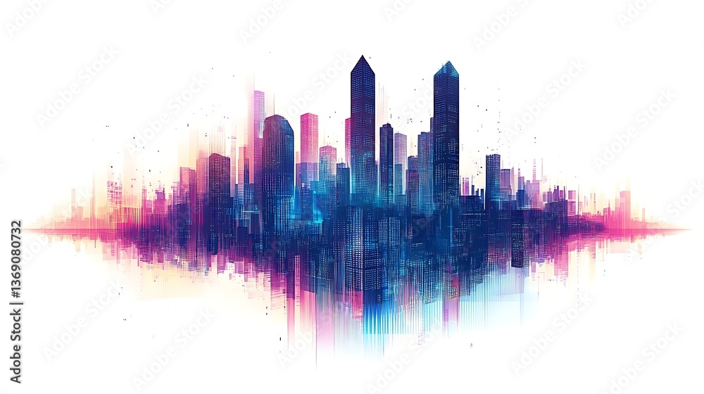 Obraz premium Futuristic cyberpunk city with glitch effects and pixel art textures, isolated on white. Abstract digital design ideal for modern, tech-inspired projects.