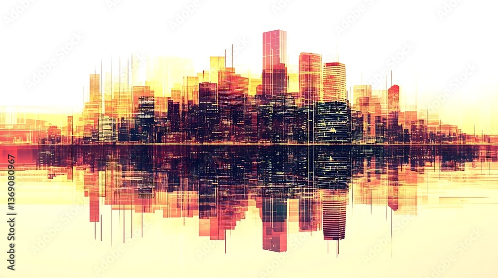 Obraz premium Futuristic cyberpunk city with glitch effects and pixel art textures, isolated on white. Abstract digital design ideal for modern, tech-inspired projects.