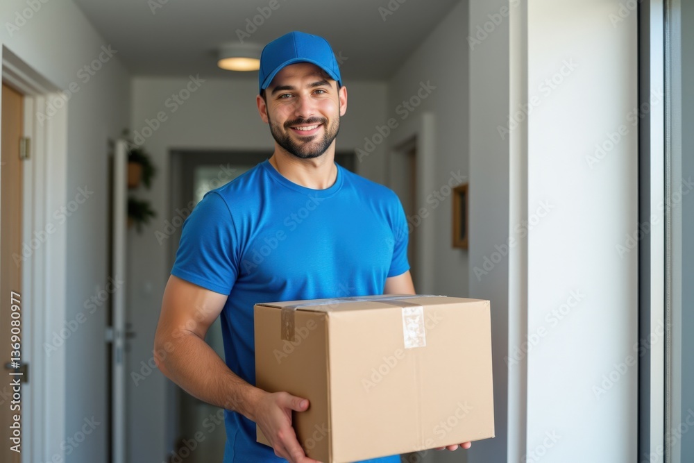 Smiling Delivery Man in Blue Shirt and Cap Holding a Package at Home Entrance in Bright Hallway Smiling Delivery Man in Blue Shirt and Cap Holding a Package at Home Entrance in Bright Hallway