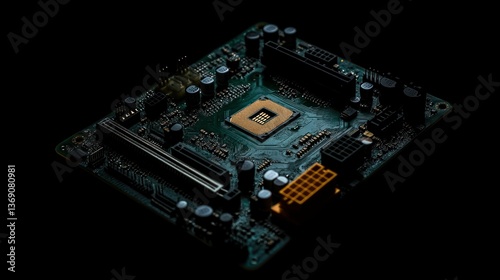 Isolated motherboard with components in low key and against black background.