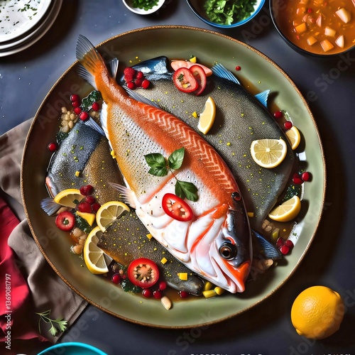Plate of Fish with Lemon and fish. bass A delicious and healthy plate of fish with lemon and vegetables. Perfect food and lifestyle imagery.. 