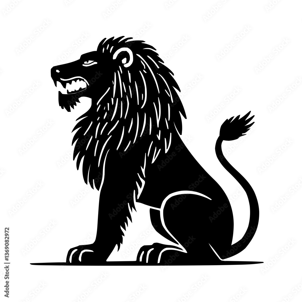 Obraz premium An illustration featuring a black Lion hieroglyph silhouette set against a clean white background showing a detailed lion with a mane, symbolizing strength and kingship.