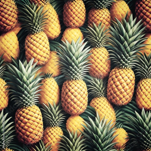 Pineapple Fruits Food Fresh Tropical Pattern vegan. organic Pattern of pineapple, featuring vibrant golden hues and unique detailing. The alternate row alignment creates rhythm, and a strategically pl