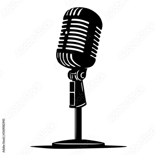 An illustration featuring a black microphone silhouette set against a clean white background showing a vintage microphone with detailed grill and stand, symbolizing communication and music.