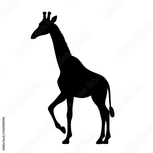 An illustration featuring a black giraffe silhouette set against a clean white background showing a giraffe with detailed neck and spots, symbolizing grace and uniqueness.