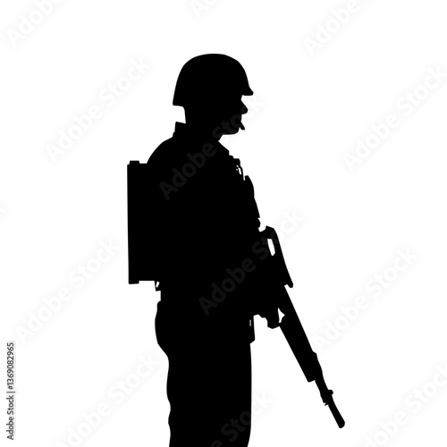 Illustration of a Modern Russian Soldier in a Defensive Silhouette Displayed on a Clear White Background
