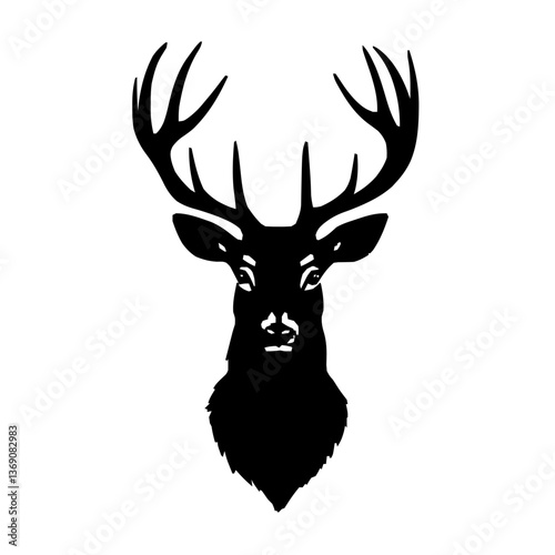 An illustration featuring a deer face silhouette set against a clean white background showing a detailed deer face with antlers and alert eyes, symbolizing grace and vigilance.