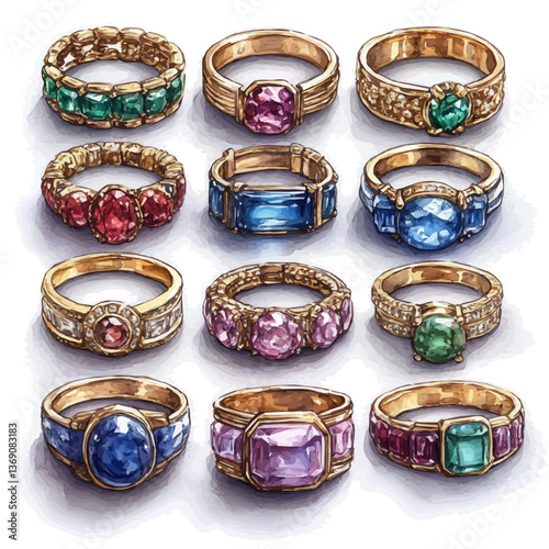 A watercolor vector illustration of Vintage jewelry set, isolated on a white background.

