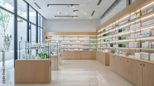 Modern Pharmacy Interior With Light Wood Shelves And White Products