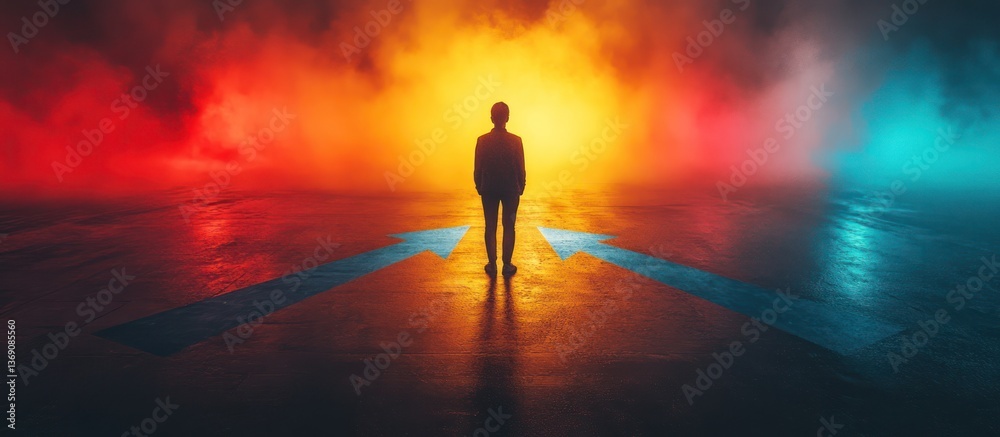 Person chooses path, smoky background Person chooses path, smoky background