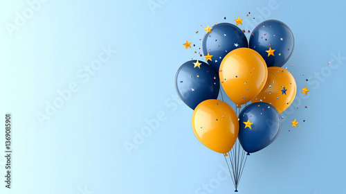 Bunch Of Blue And Orange Balloons With Confetti On Light Blue Background