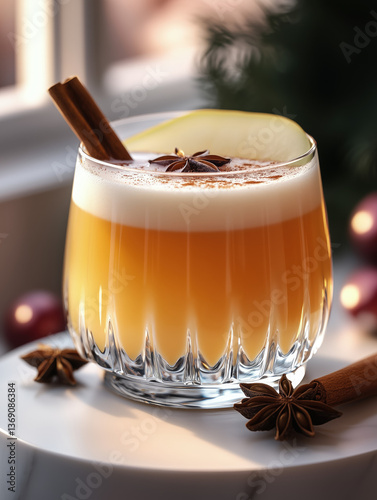 Cidra de pera com especiarias, espuma cremosa, pau de canela e anis-estrelado, servida com fatia fresca de pera photo