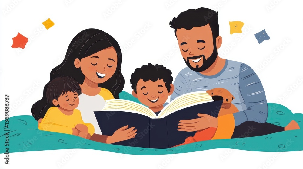 Family enjoys reading together while sitting on a cozy couch with a dog and colorful decorations in a bright, cheerful living room Family enjoys reading together while sitting on a cozy couch with a dog and colorful decorations in a bright, cheerful living room