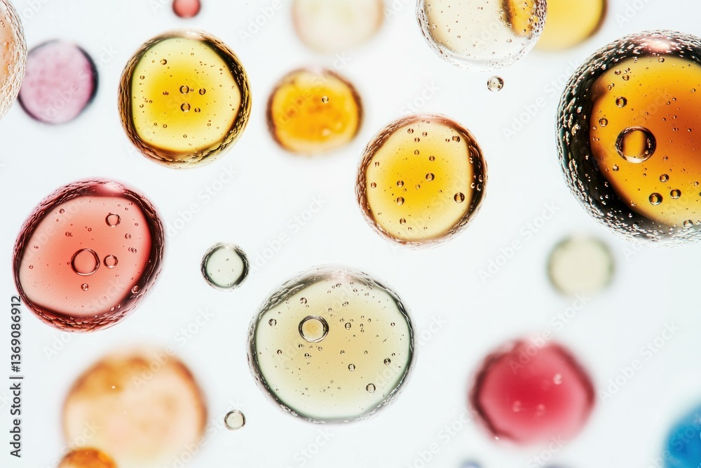 Fototapeta premium Colorful droplets of water on a white background, creating a vibrant abstract pattern with varying sizes and translucent colors like pink, orange, and yellow