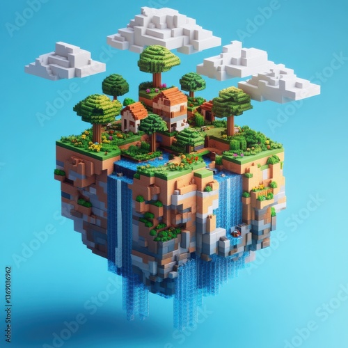A Vibrant Floating Island Scene with Lush Trees, Waterfalls, and a Charming House, Set Against a Blue Sky with Fluffy White Clouds in a Whimsical Style