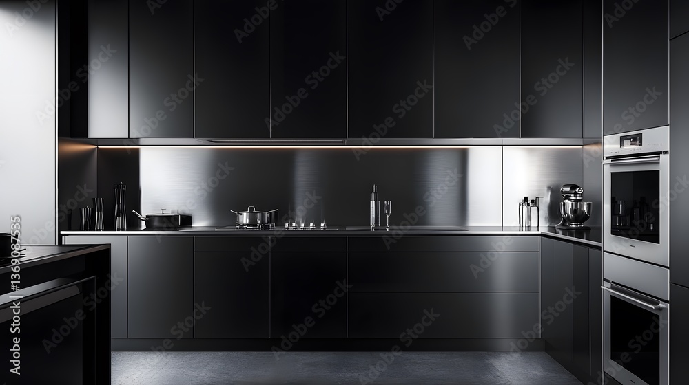 Fototapeta premium Monochrome kitchen with stainless steel accents, built-in high-end appliances, and seamless surfaces.