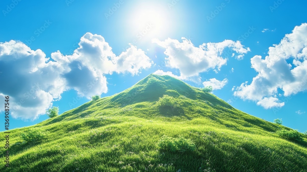 Fototapeta premium Breathtaking green mountain with grassy summit, blue sky, clouds, and radiant sunlight