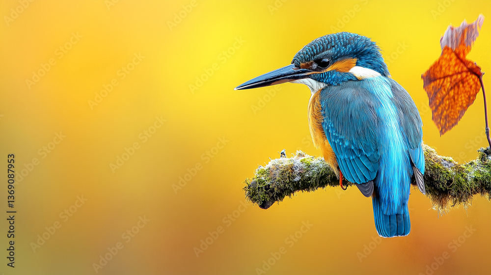 Obraz premium Vivid Kingfisher Bird Perched on Mossy Branch Against a Yellow Background.