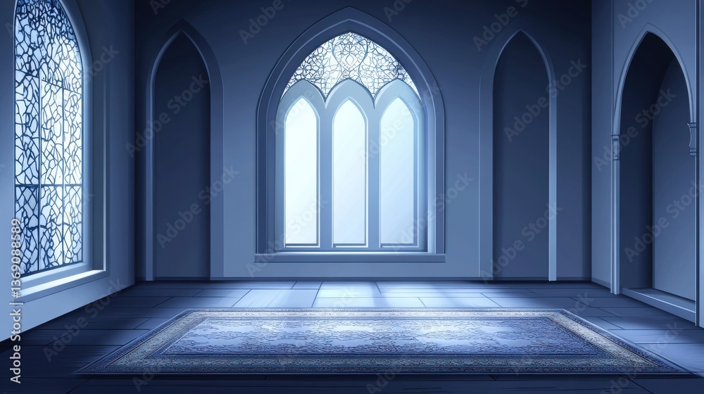 Tranquil and Serene Interior of an Empty Room with Elegant Arched Windows and Soft Illumination Infused by Morning Light in a Blue Palette
