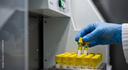A scientist working in a laboratory Pharmacist using the inspection kit in the examination test equipment in a hospital background. Generative AI.