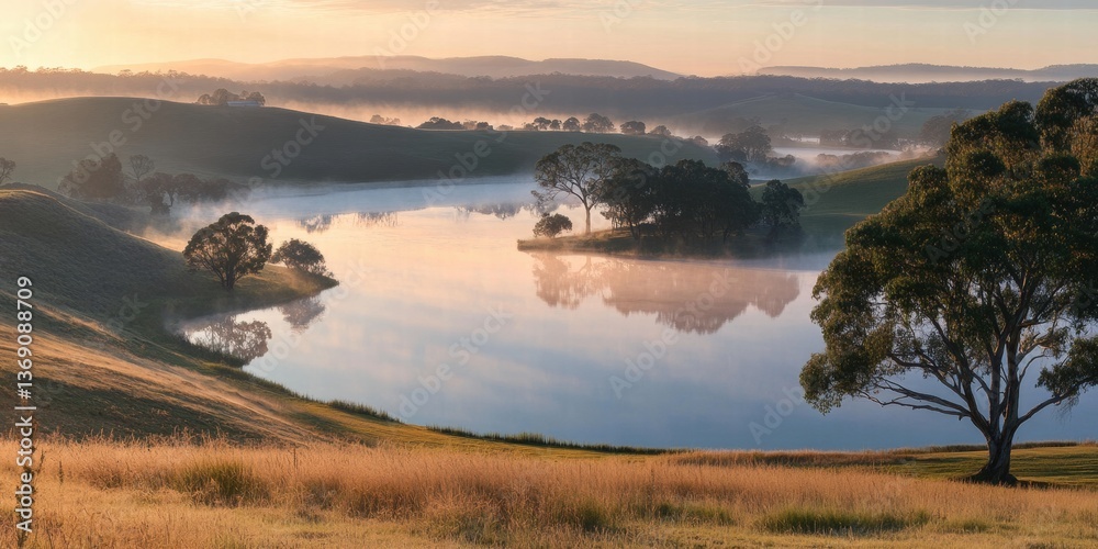 Serene landscape at dawn with mist over a lake and rolling hills. Serene landscape at dawn with mist over a lake and rolling hills.