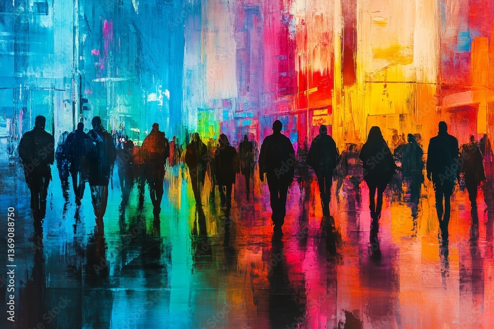Obraz premium Vibrant abstract oil painting of silhouetted figures strolling down a colorful street scene