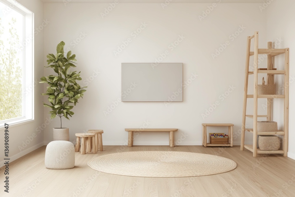 Fototapeta premium Minimalist interior design featuring a bright, airy living room with natural elements, a plant, and light wood furniture for a serene and welcoming atmosphere
