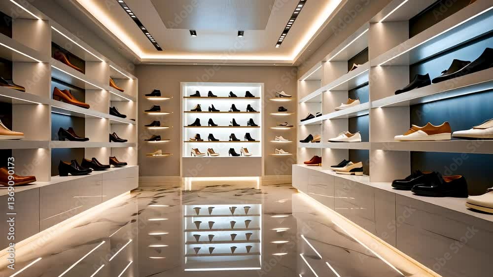 Modern luxury shoe store interior with illuminated shelves and polished floor