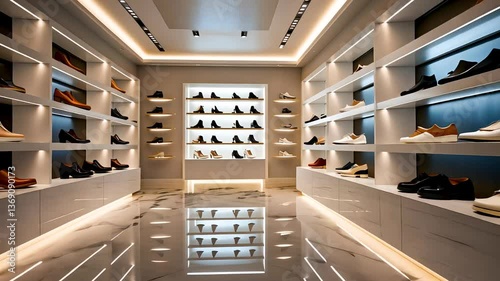 Modern luxury shoe store interior with illuminated shelves and polished floor