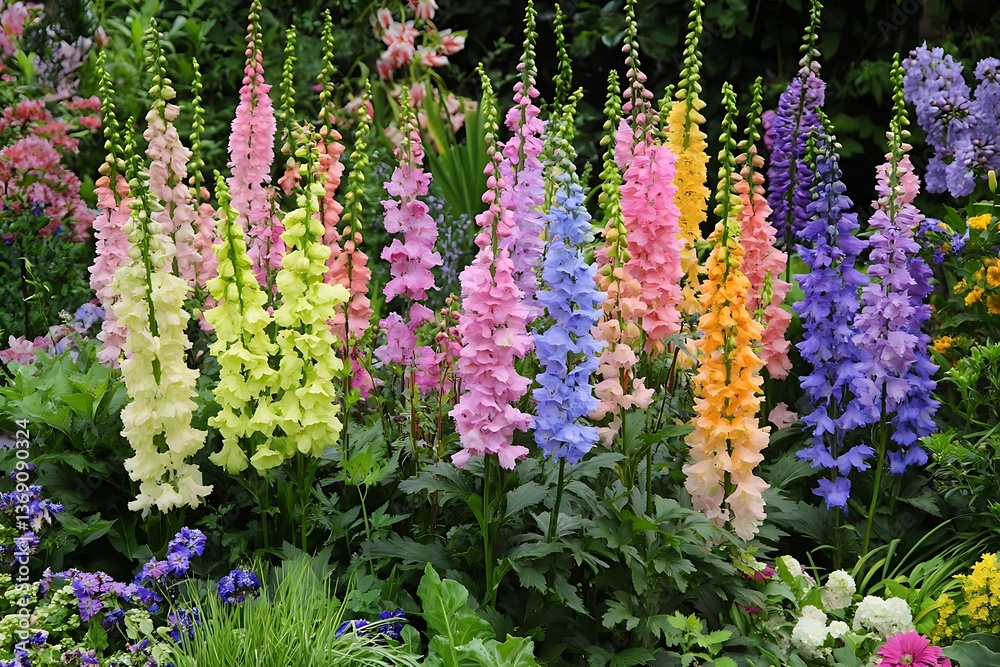 Obraz premium Colorful Blooming Delphinium Flowers with Green Foliage in Summer Garden Setting