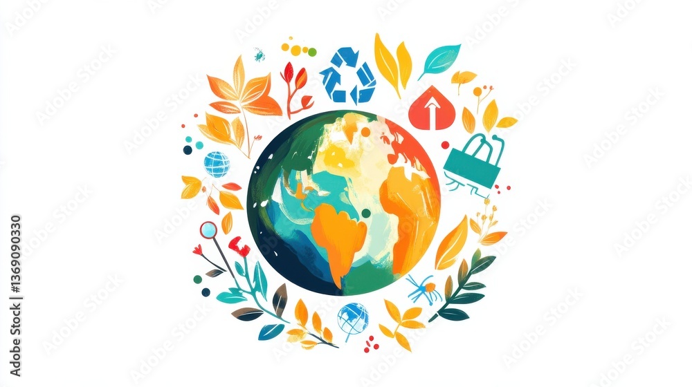 Vibrant Earth Illustration with Nature Elements and Eco Symbols Representing Sustainability, Recycling, and Environmental Awareness in a Colorful Design Vibrant Earth Illustration with Nature Elements and Eco Symbols Representing Sustainability, Recycling, and Environmental Awareness in a Colorful Design