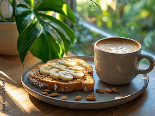 Sandwich with peanut butter, banana and crushed walnuts, Cappuccino, Healthy vegan breakfast concept Top view, close up, copy space, flat lay.