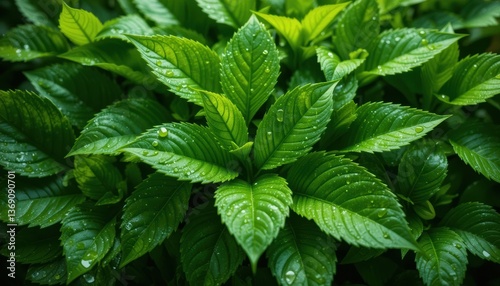 Vibrant Green Leaves with Water Droplets A Close-Up of Lush Foliage