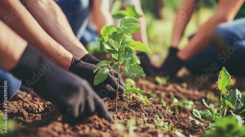 Hands Planting Young Tree Seedling in Soil During Environmental Conservation Activity in Sunny Outdoor Garden Setting with Soft Focus Background