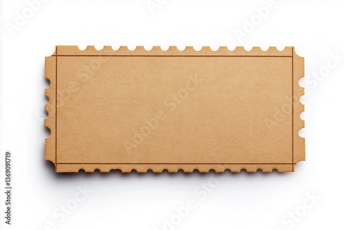 A blank kraft paper ticket with perforated edges, isolated on a white background