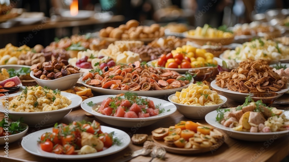 A buffet table filled with an assortment of appetizers. A buffet table filled with an assortment of appetizers.