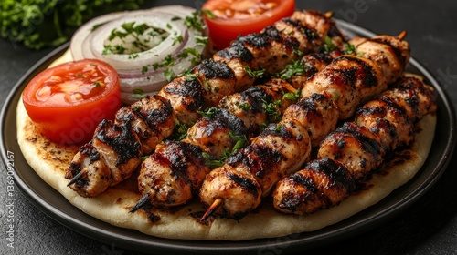 Grilled chicken skewers, on pita bread, served with tomatoes and onion