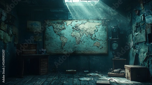 Sunlit Abandoned Room with World Map and Antiques