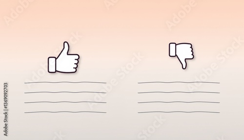 Black thumbs up and thumbs down icons in an open white book, feedback and evaluation concept
