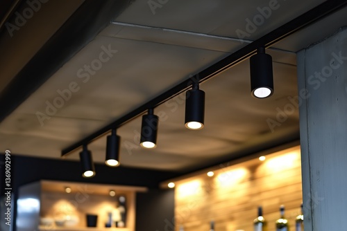 Lighting equipment on the wall in the living room. Spotlights under the ceiling. Track LED-lighting system