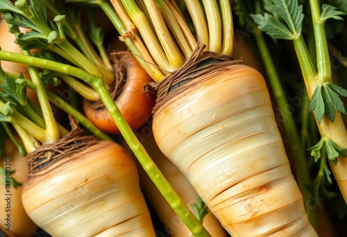 Close-up of fresh, organically grown parsnips, vibrant colors, healthy vegan food,  garden fresh, clean eating